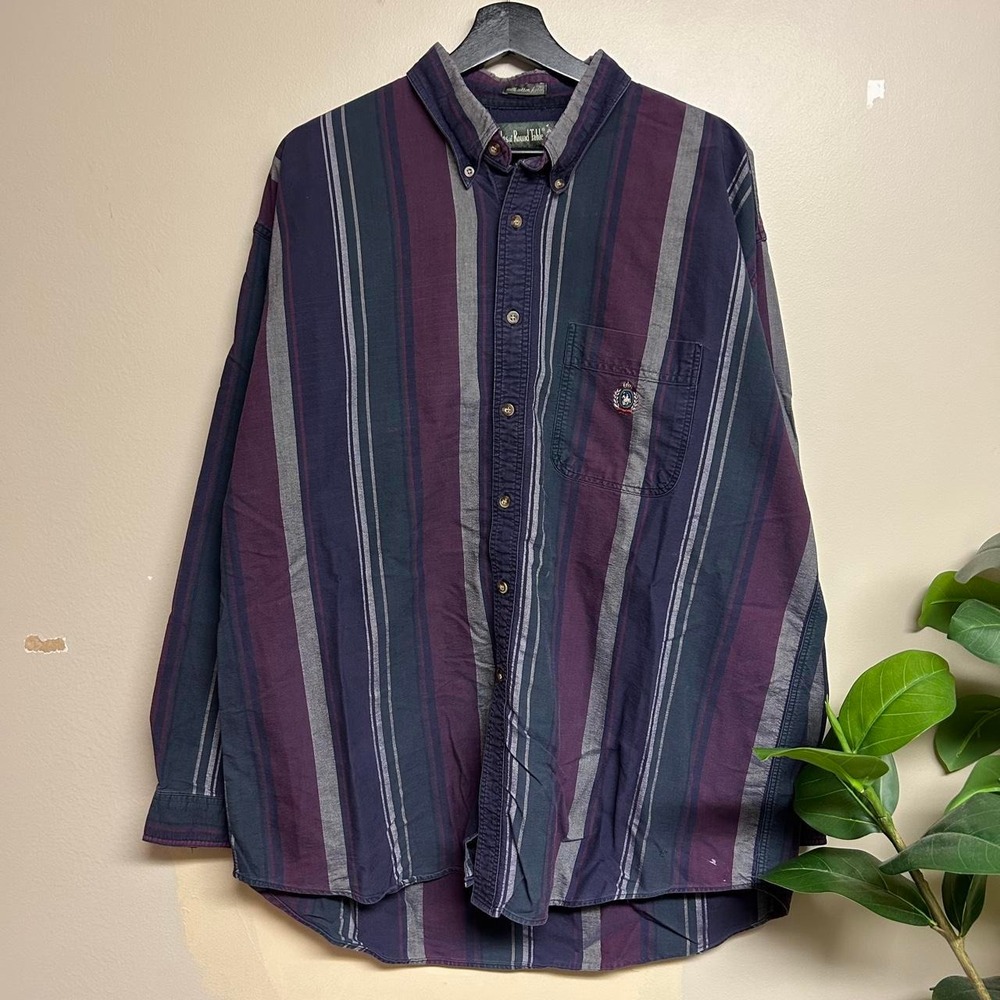 Vintage Knights of Round Table Striped Button Up Shirt Mens XL Purple Green 90s